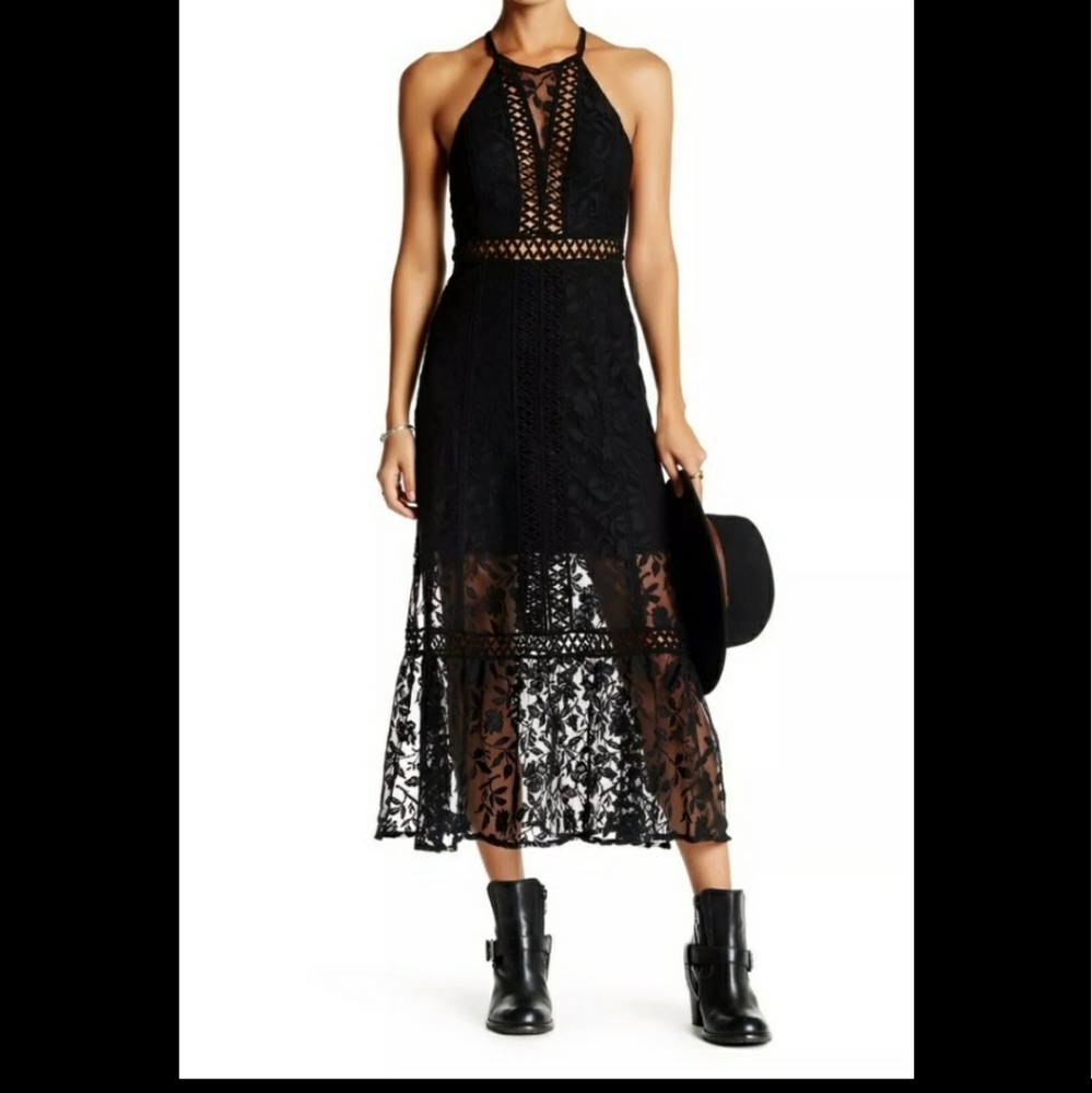 Free People Anastasia lace cutout midi dress black